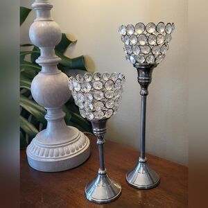 Set of 2 Silver Metal Crystal Candle Holders Votive Brilliant 12" & 9"